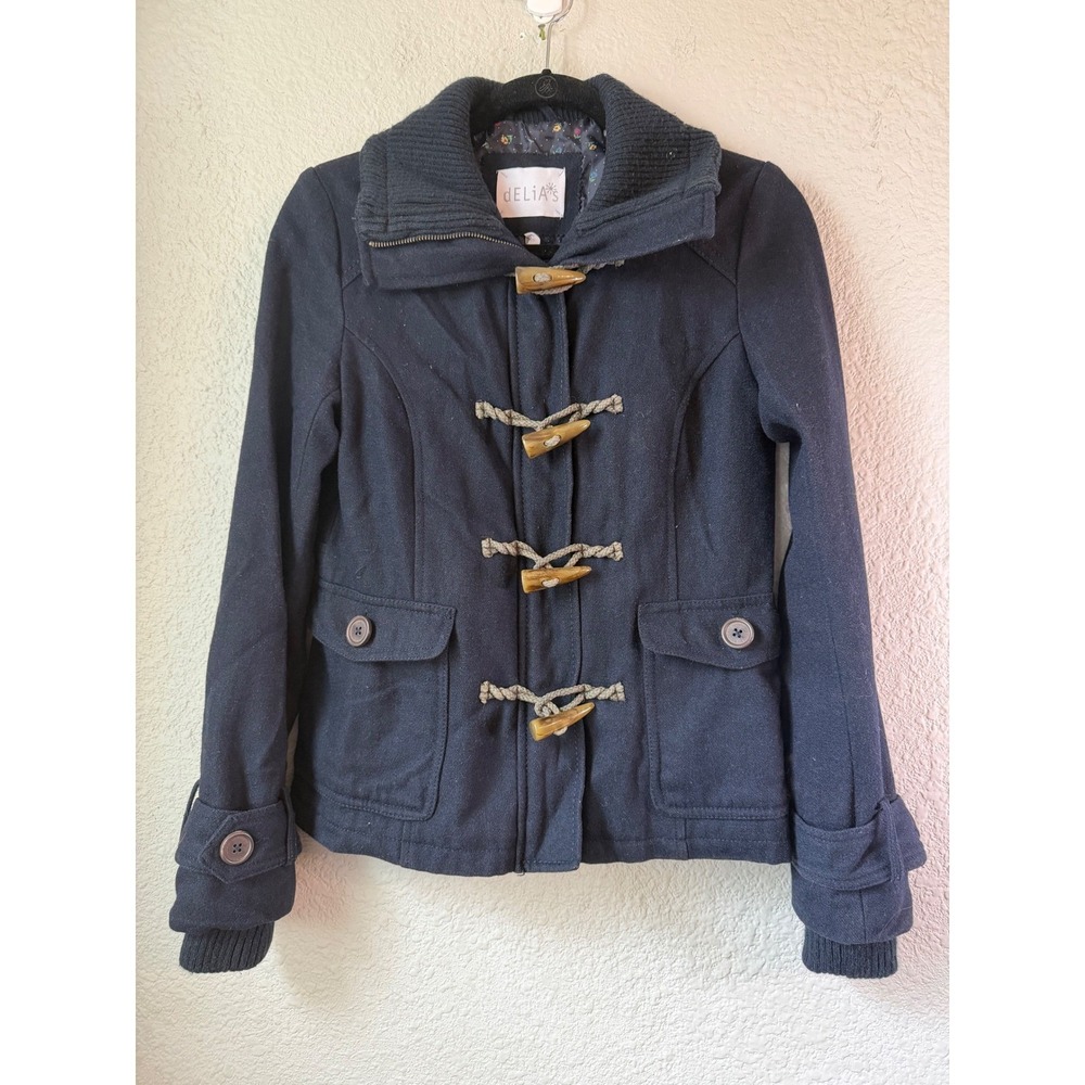 Vintage Y2K Delias Navy Blue Duffle Coat Toggle Closure Ribbed Collar Size Small